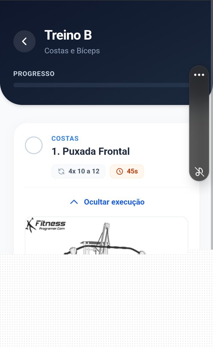 Tela de execução de treino com séries, repetições e orientação visual